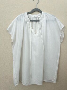 UNIQLO Women's Shirt White Linen Rayon Tie Neck Boxy Short Sleeve Sz Small